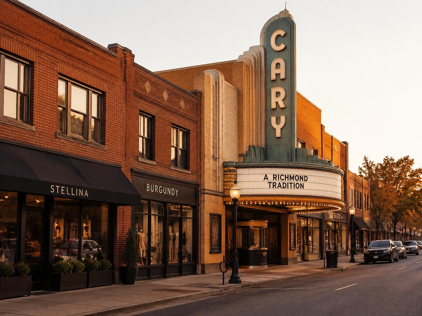 Brick storefronts and the Art Deco Cary Street theater marquee in Carytown, Richmond, Virginia at golden hour